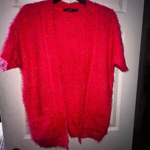 Vertigo Women's Bright Red Pink Short Sleeve Cardigan Fuzzy Size Medium